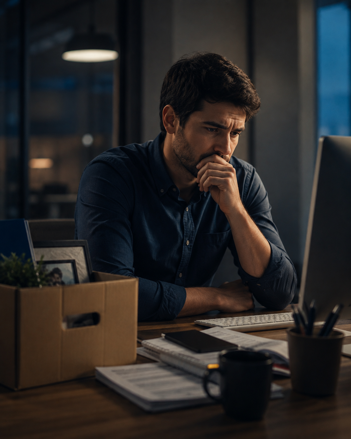 Trabalhador preocupado antes de tomar uma decisão sobre o emprego